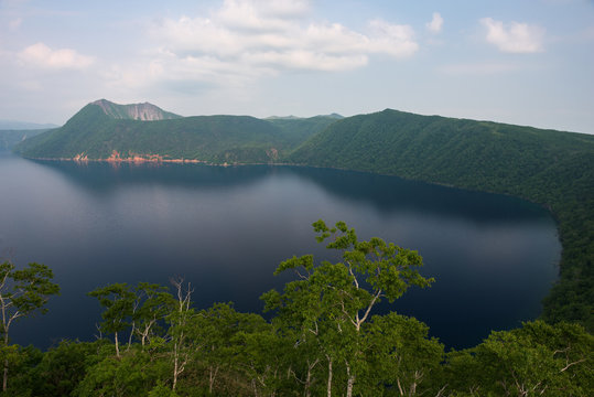 Mount Kamui and the beautiful clear blue Lake Mashu, Hokkaido, Japan