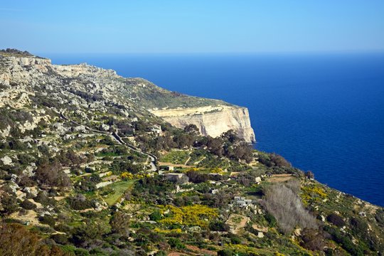 Elevated view of the Dingli cliffs and sea, Dingli, Malta.