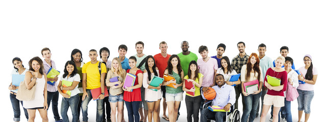 Group of diverse college students isolated on white