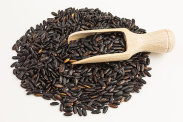 black rice - oryza sativa on wooden scoop