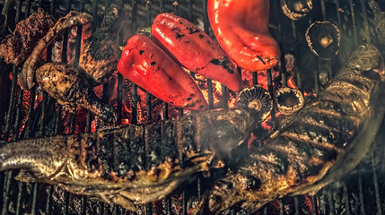 Peppers and fish on the grill