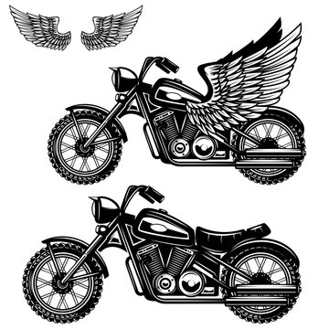 Motorcycle illustration on white background. Winged motorbike. Design elements for logo, label, emblem, sign, badge, poster. Vector illustration