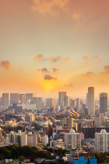 Obraz premium Cityscape of Tokyo city, japan. Aerial view of modern office building and downtown skyscraper of tokyo with clear sky background. Tokyo is metropolis and center of new asia's modern business