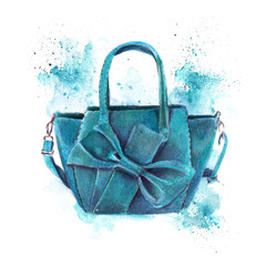 Watercolor sketch of handbag. Stylish handbag closeup. On the purse the bow. Illustration of fashion. - obrazy, fototapety, plakaty