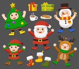 Set of cute kids dressed in Christmas costumes. Deer, Santa, Elf ,Tree and snowman. Merry Christmas character set.