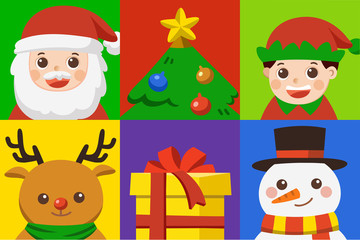 Icon Set of Happy Merry Christmas.Christmas character set [Deer, Santa, Elf ,Tree , Gift and snowman]
