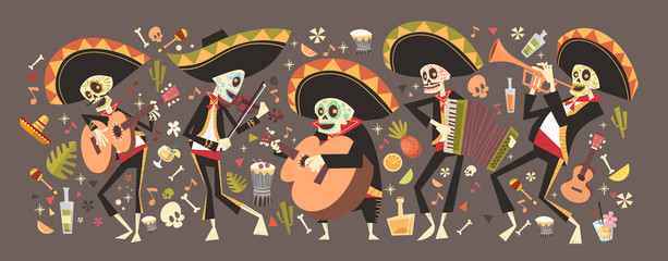 Day Of Dead Traditional Mexican Halloween Dia De Los Muertos Holiday Party Decoration Banner Invitation Flat Vector Illustration