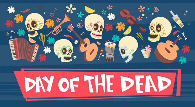 Day Of Dead Traditional Mexican Halloween Dia De Los Muertos Holiday Party Decoration Banner Invitation Flat Vector Illustration
