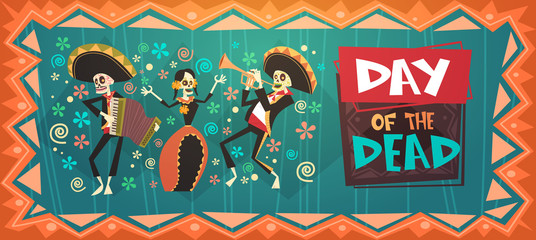 Day Of Dead Traditional Mexican Halloween Dia De Los Muertos Holiday Party Decoration Banner Invitation Flat Vector Illustration - obrazy, fototapety, plakaty