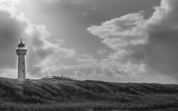 Lighthouse in black and white on the beach of Egmont aan Zee
