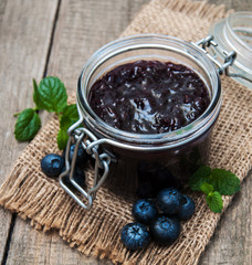 Jar with blueberry jam
