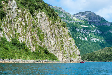 Columnar basalt rock formation in Kukak Bay, Katmai National Park,Alaska