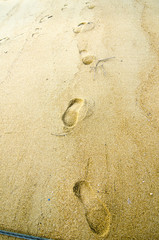 Fototapeta na wymiar foot print on sandy beach for leisure and vacation concept