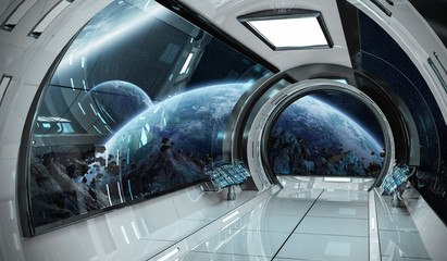 Fototapety  Wnętrze statku kosmicznego z widokiem na planety Elementy renderujące 3D tego obrazu dostarczone przez NASA
