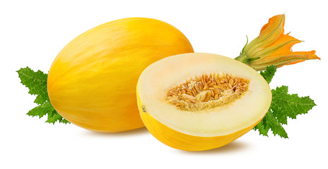 Fresh melon with leafs and flower isolated on white background with clipping path
