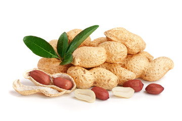 peanuts with leaf isolated on white background