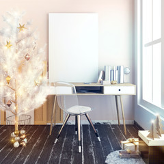 Modern Christmas  light interior, a place for study with shining lights Christmas tree. 3D illustration. poster mock up