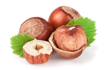 Hazelnuts with leaves isolated on white background