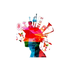 Foto op Aluminium Colorful man silhouette with music instruments. Music instruments with human head for card, poster, invitation. Music background design vector illustration © abstract