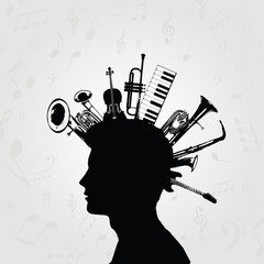 Naklejka premium Black and white man silhouette with music instruments. Music instruments with human head for card, poster, invitation. Music background design vector illustration