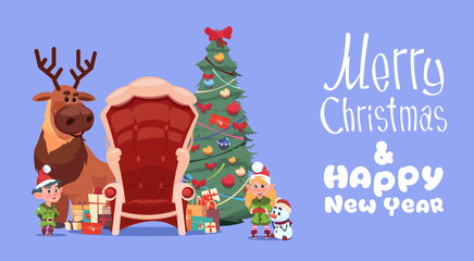 Merry Christmas And Happy New Year Greeting Card With Santa Claus Sitting In Armchair Winter Holiday Banner Flat Vector Illustration
