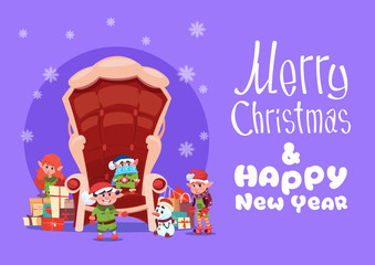Merry Christmas And Happy New Year Greeting Card With Santa Claus Sitting In Armchair Winter Holiday Banner Flat Vector Illustration