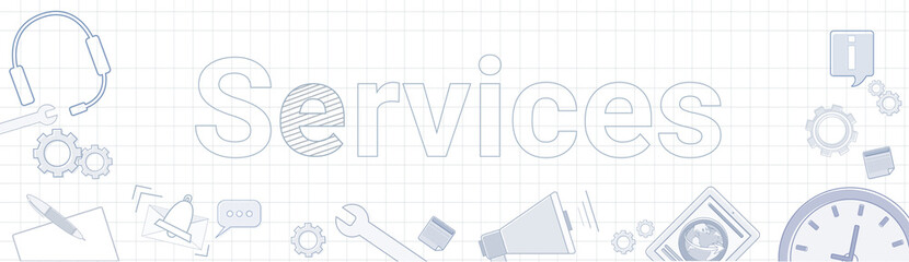 Services Word With Office Stuff Icons On Squared Background Customer Help Satisfaction Concept Vector Illustration