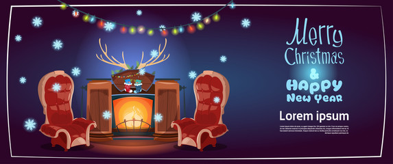 Merry Christmas And Happy New Year Greeting Card, Fireplace Concept Winter Holiday Banner Flat Vector Illustration