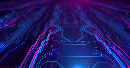 Printed circuit board video. Motherboard. Blue and purple digital technology background. - Powered by Adobe