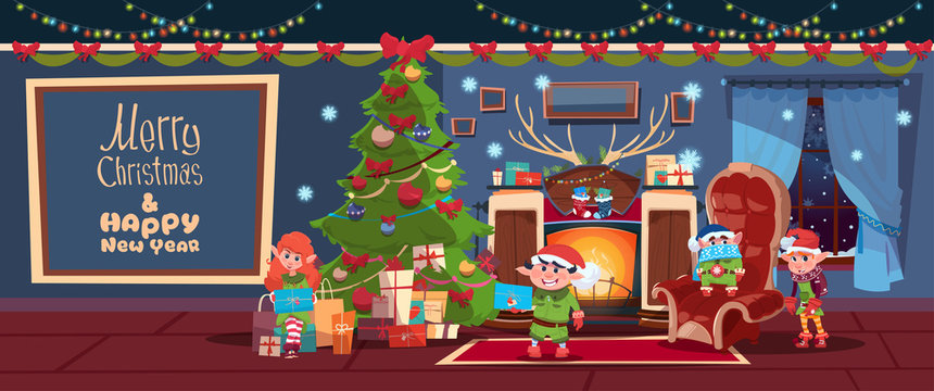Merry Christmas And Happy New Year Greeting Card With Elfs Near Fireplace Concept Winter Holiday Banner Flat Vector Illustration