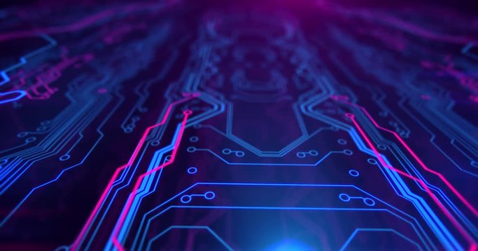 Printed circuit board video. Motherboard. Blue and purple digital technology background.