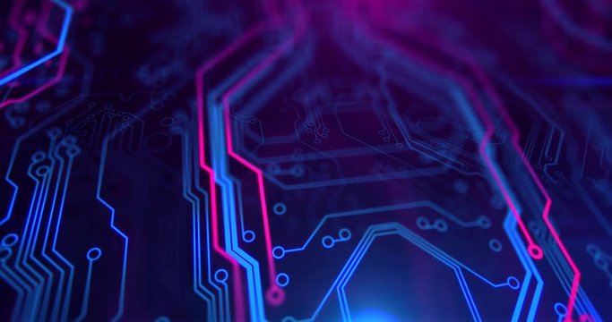Printed circuit board video. Motherboard. Blue and purple digital technology background.