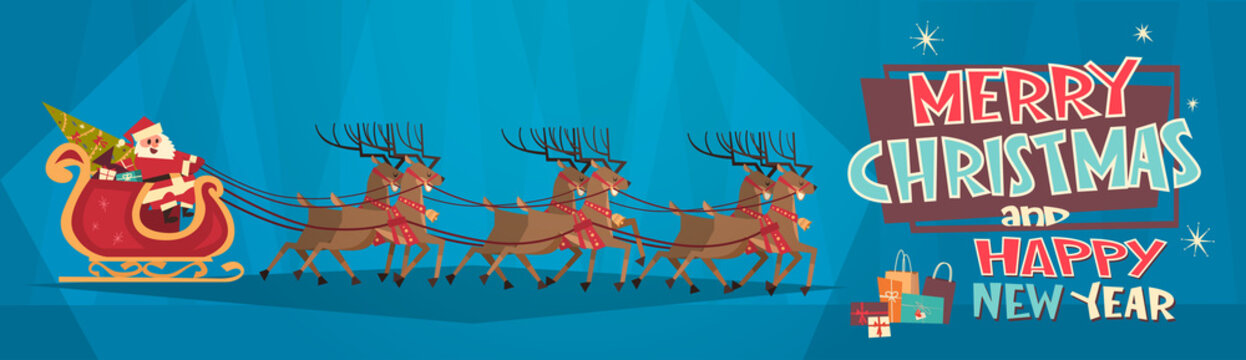 Santa Riding In Sledge With Reindeers, Merry Christmas And Happy New Year Greeting Card Winter Holidays Concept Banner Flat Vector Illustration