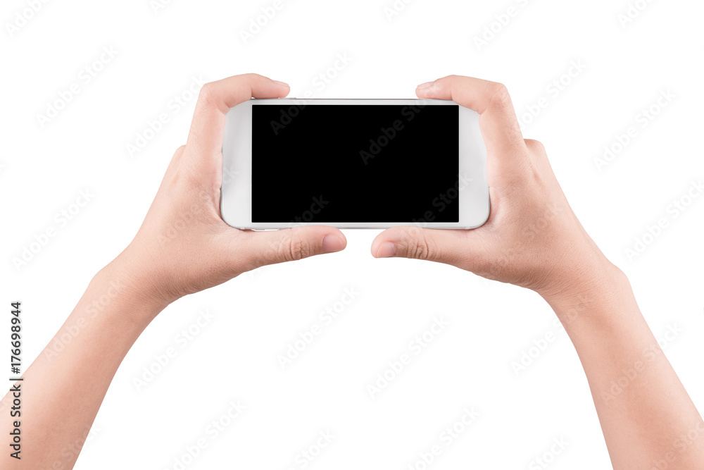 Wall mural isolated female hand holding a white cellphone and black screen with clipping path