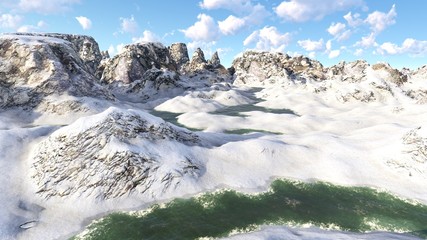 Flying over mountains in the sunny day 3d rendering