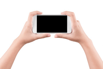 Isolated female hand holding a white cellphone and black screen with clipping path