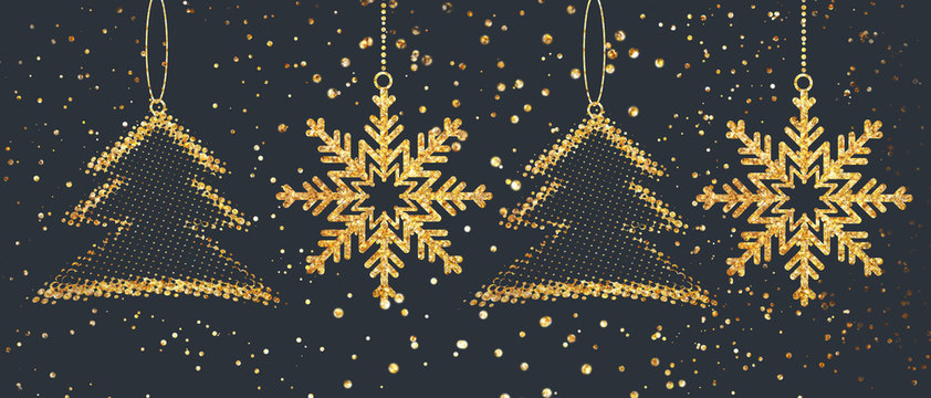 Merry Christmas and Happy New Year gold glitter snowflakes background. .Xmas holiday greeting card backdrop.