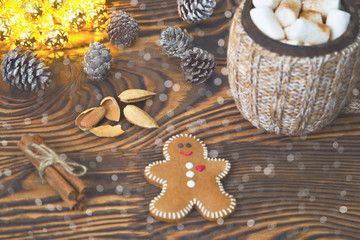 Cup of drink with marshmallow and tasty gingerbread cookie on Christmas lights and pines background