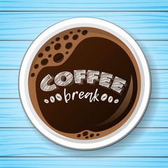 Cup of coffee on blue wooden table - top view. Vector.