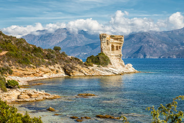 Fototapeta na wymiar Genoese tower at Mortella near St Florent in Corsica