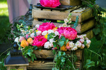 An authentic vibrant floral decoration. Wedding design concept. Colorful summer decor. Stunning colors.