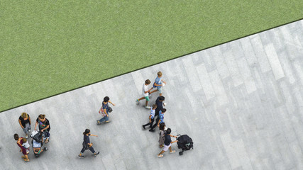 Obraz premium people walk on the pedestrian street walkway with the teenage young man and the group of family with little child with the greenfield landscape. (Aerial urban city photo)