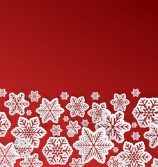 Realistic 3d paper snowflakes on red background - concept of Christmas design. Vector.