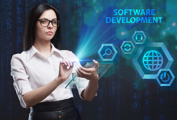 The concept of business, technology, the Internet and the network. A young entrepreneur working on a virtual screen of the future and sees the inscription: Software development