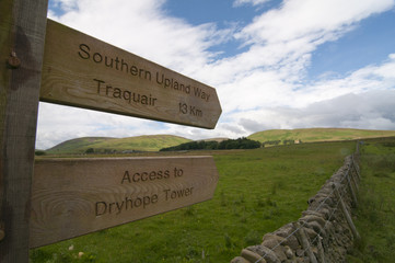 Signpost for Southern Upland Way and Dryhope Tower