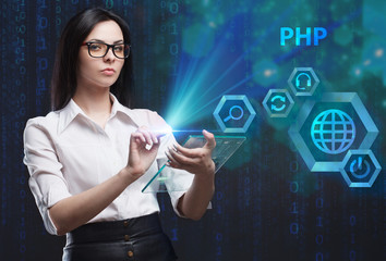 The concept of business, technology, the Internet and the network. A young entrepreneur working on a virtual screen of the future and sees the inscription: PHP