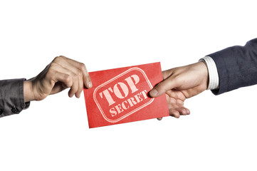 Transfer of secret documents between people. Red envelope with stamp "top secret" in the hands.  Isolated on white background.