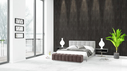 Brand new white loft bedroom minimal style interior design with copyspace wall and view out of window. 3D Rendering.