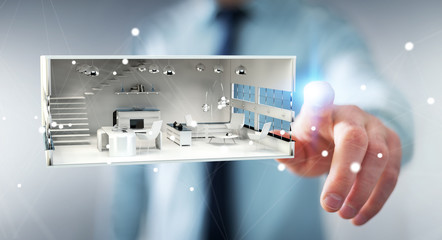 Businessman touching white 3D rendering apartment