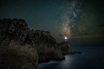 Night scene of lighthouse under milky way sky